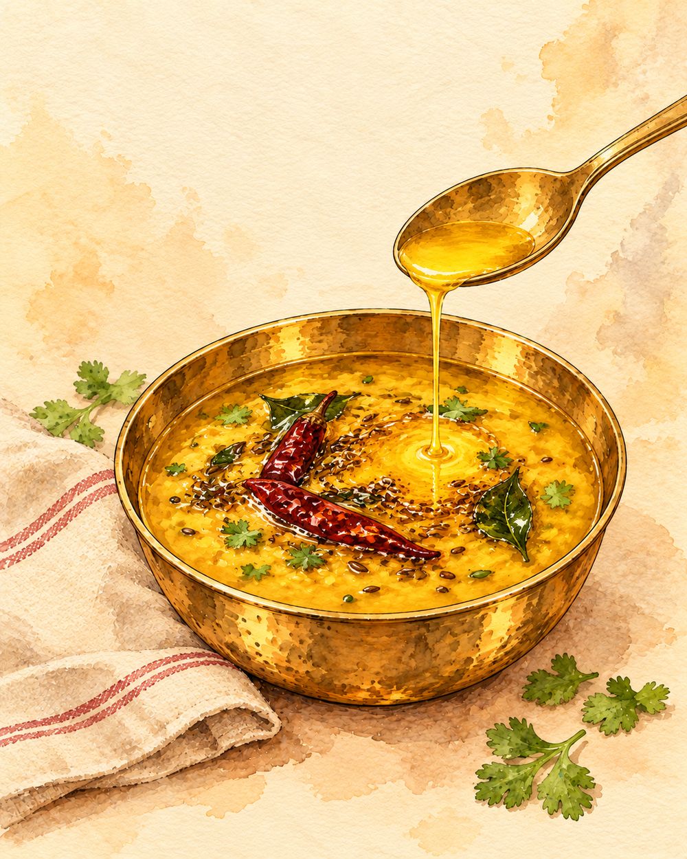 Yellow dal tadka in a brass bowl with ghee being poured on top