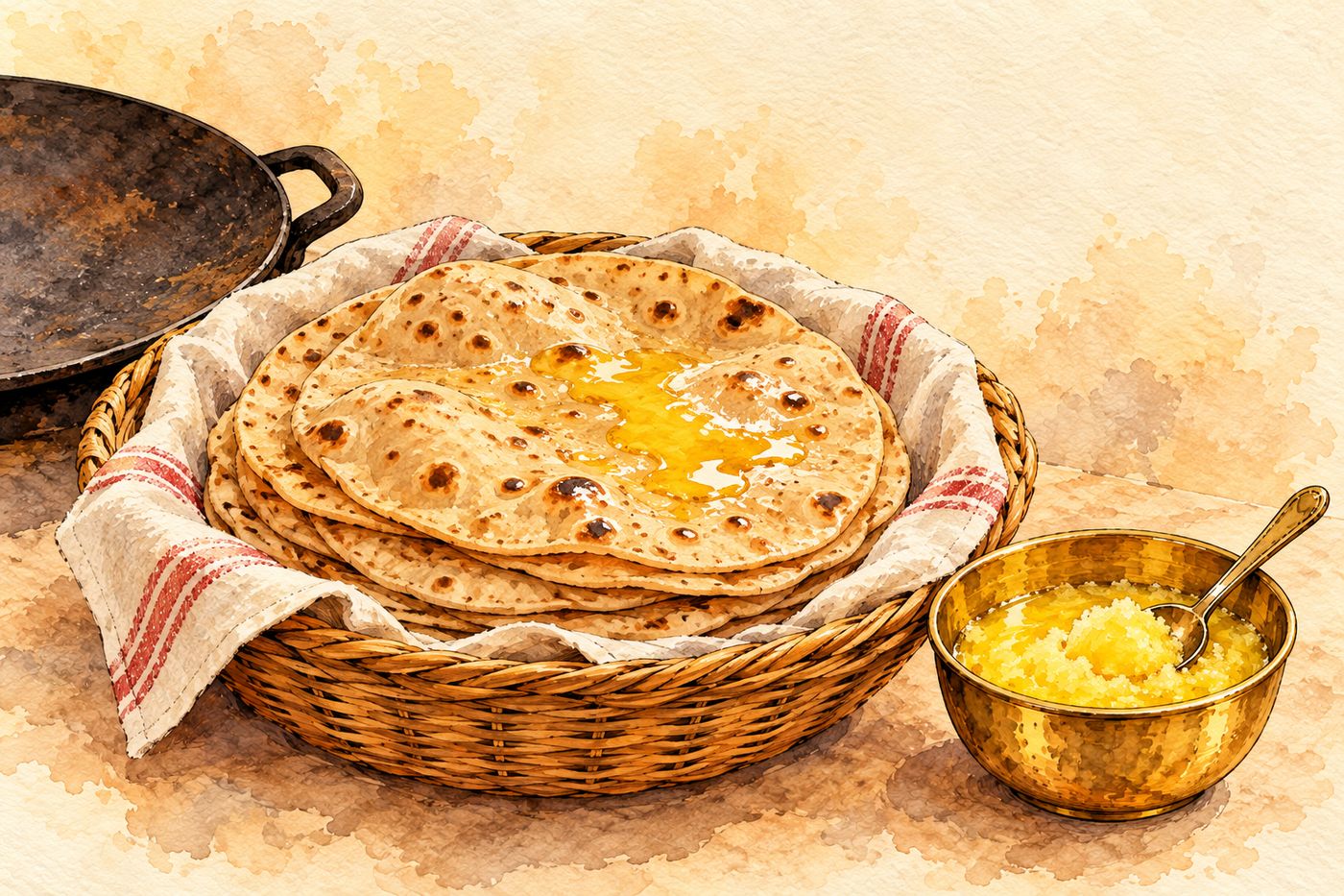 Phulka rotis in a basket, the top one shining with ghee, beside a bowl of ghee