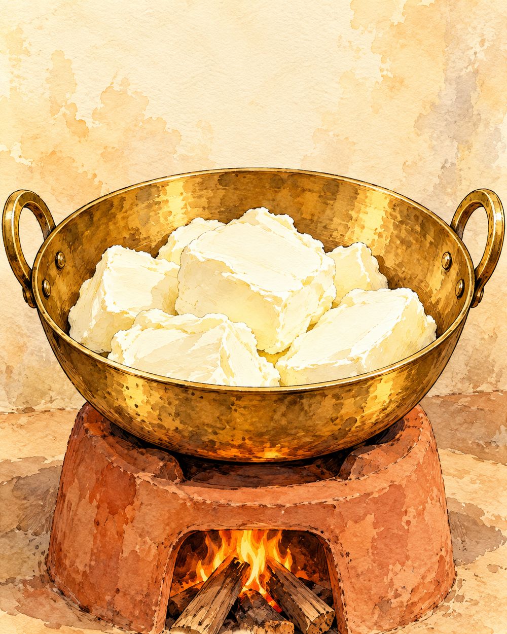 Blocks of white makkhan in a brass kadhai on a clay chulha