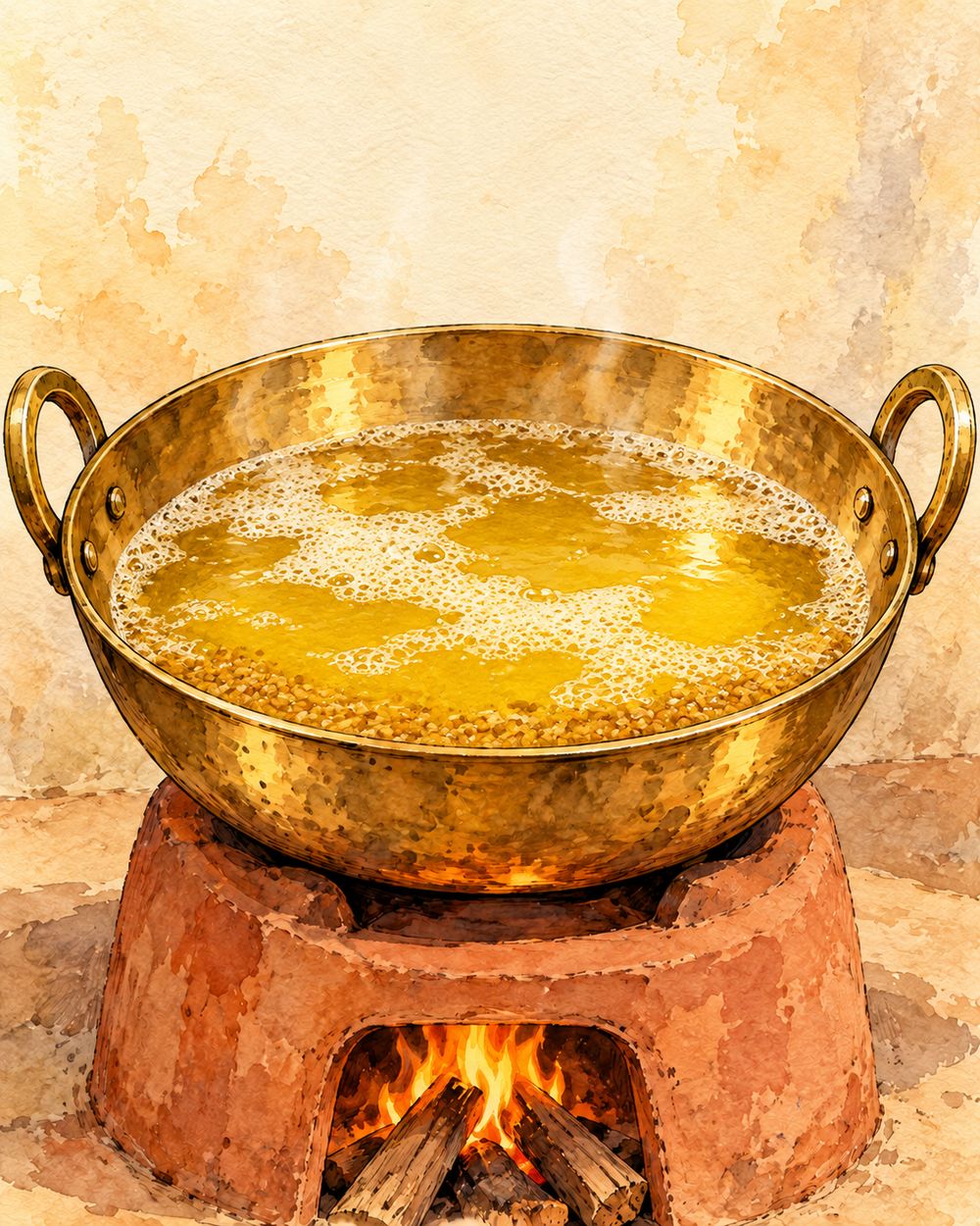 Thinner foam over deeper yellow ghee, with browned solids settling