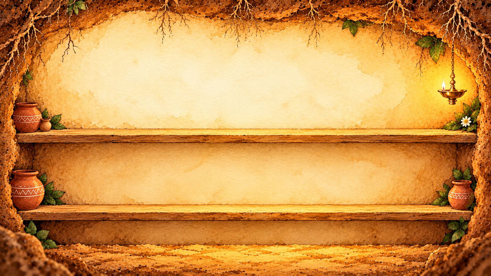 An earthen pantry with wooden shelves